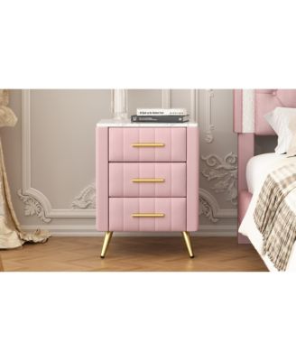  Upholstered Nightstand - 3 Drawers, Metal Legs & Marbling Top