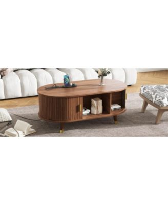  42.5" Oval Fluted Coffee Table with Charging Station, Sliding Door