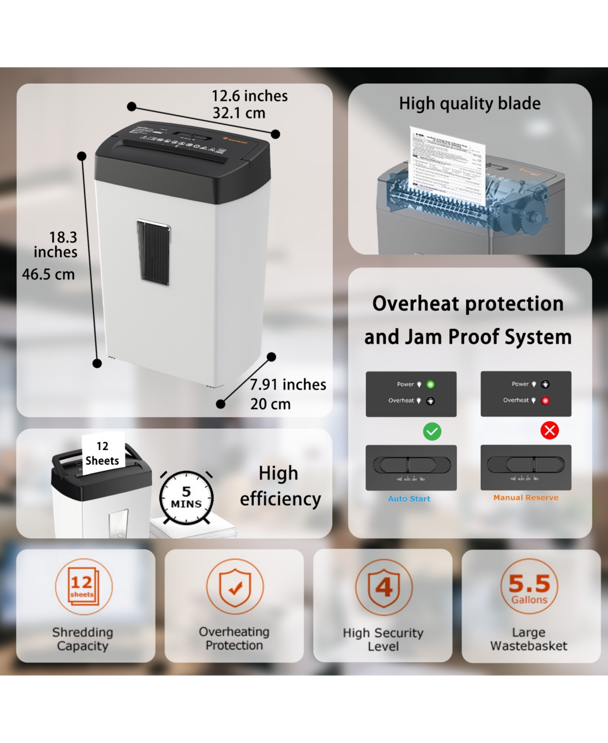 Bonsaii Crosscut Shredder, 12-sheet, P-4 Security, 5.5Gal Bin, Heavy-Duty, Shreds Paper, Credit Cards, Mail & Staples