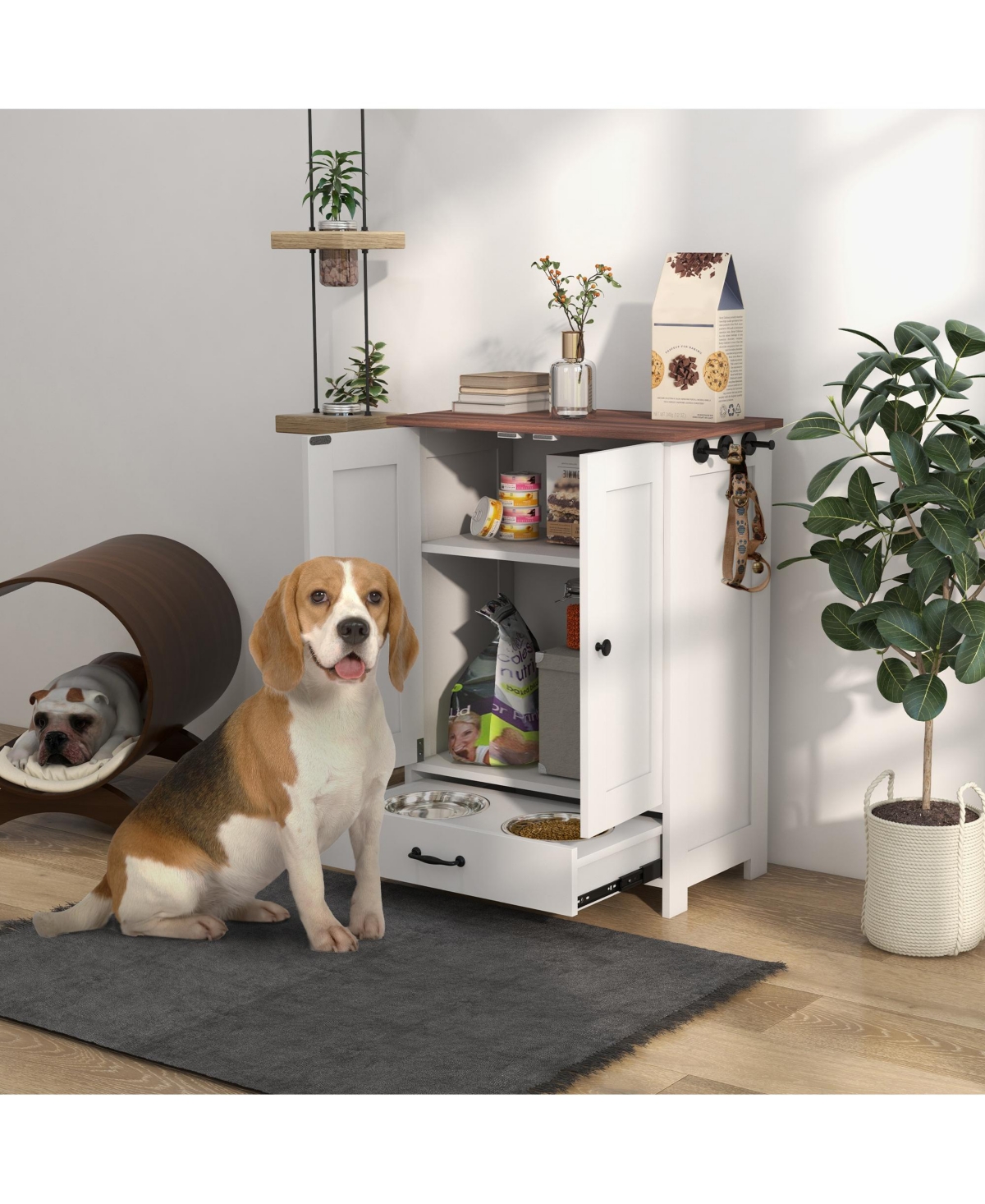 PawHut Dog Feeding Station w/ Raised Dog Bowls, Adjustable Panel, Black