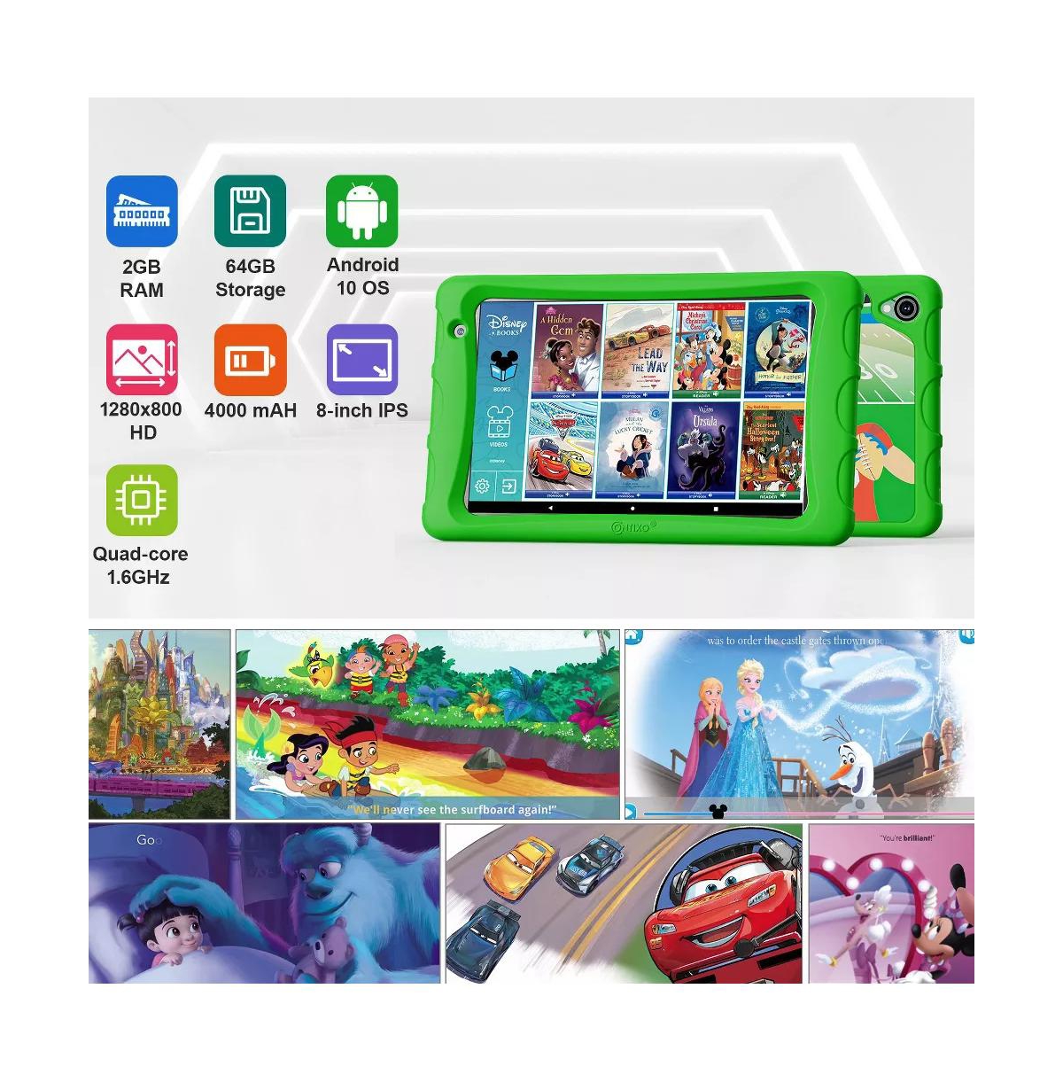 Contixo 8" Android Kids Tablet 64GB, Includes 80+ Disney Storybooks & Stickers, Kid-Proof Case with Kickstand, (2024 Model)