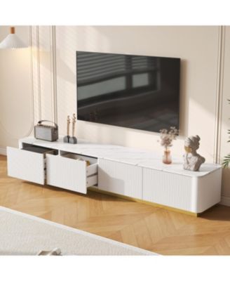 Luxury Fluted TV Stand - Faux Marble Top, 4 Drawers, Gold Base, White