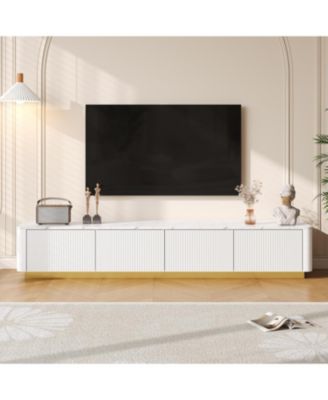 Luxury Fluted TV Stand - Faux Marble Top, 4 Drawers, Gold Base, White