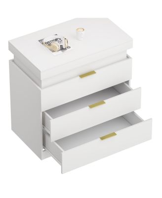 Nightstand with Charging, LED, Sliding Top, Drawers - White