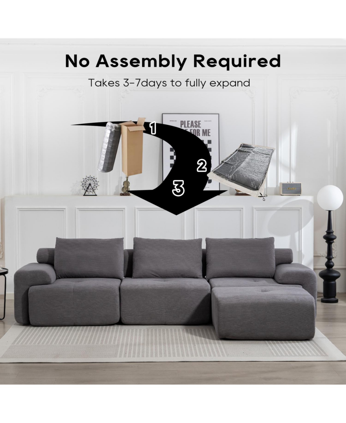 Streamdale Furniture L-Shaped Corduroy Sectional Sofa Bed - Memory Foam, Steel Frame