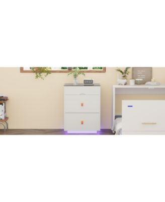 3-Drawer LED Nightstand, Glass Top, Faux Leather Handles