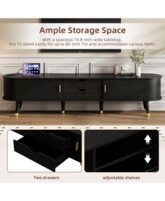 Wooden Oval TV Stand with Charging Station, Mid-Century Media Console, Black