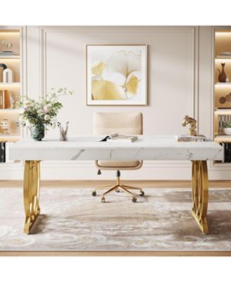 63-Inch Executive Desk, Modern Office Computer Desk with Faux Marble Tabletop
