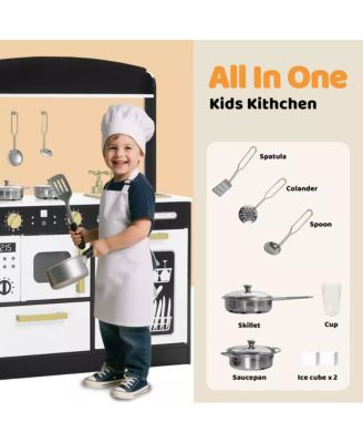 Wooden Pretend Play Kids Kitchen, Toy Kitchen Playset w/Oven, Microwave for Boys Girls Age 3