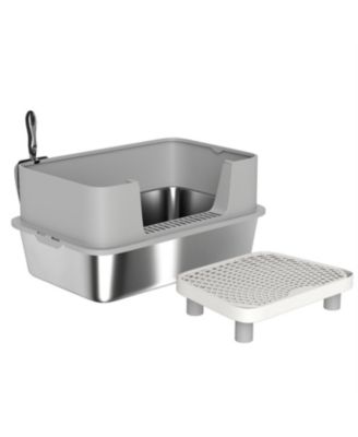 Sleek Gray Stainless Steel Litter Box with High Sides & Scoop – Elevate Your Home with Refined Odor Control