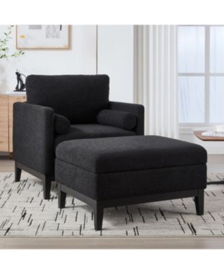 Farmhouse Upholstered Accent Chair with Ottoman & Coffee Table