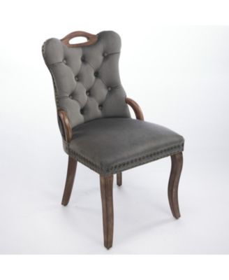  Velvet Tufted Dining Chairs, Wood Handles & Legs, Copper Nails, Set of 2, Gray