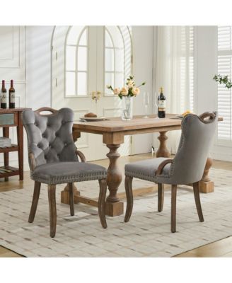 Velvet Tufted Dining Chairs, Wood Handles & Legs, Copper Nails, Set of 2, Gray
