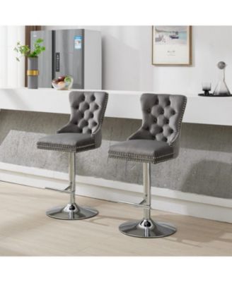 Chrome Swivel Velvet Barstools, Adjustable Height, Tufted, Gray (Set of 2)