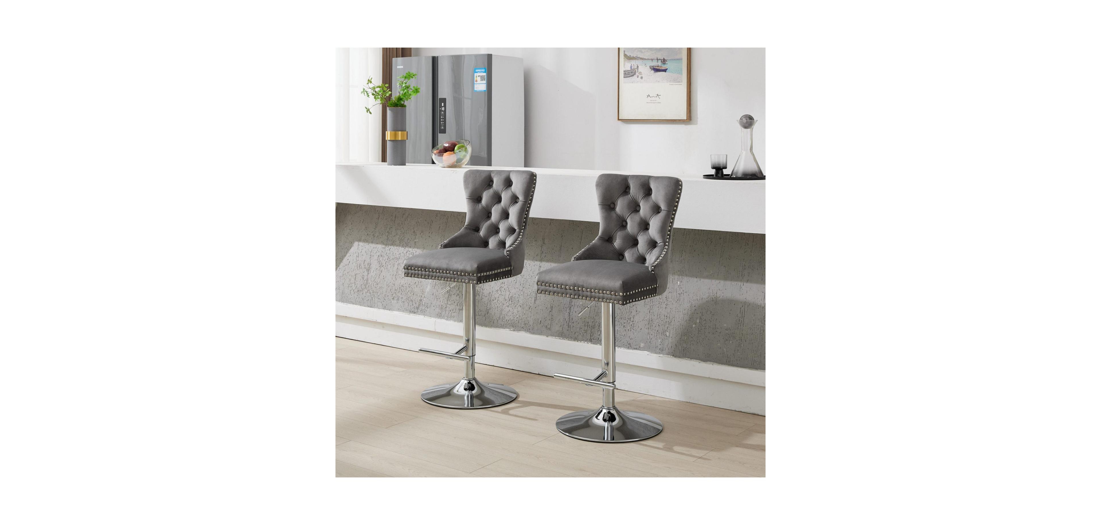 Streamdale Furniture Chrome Swivel Velvet Barstools, Adjustable Height, Tufted, Gray (Set of 2)