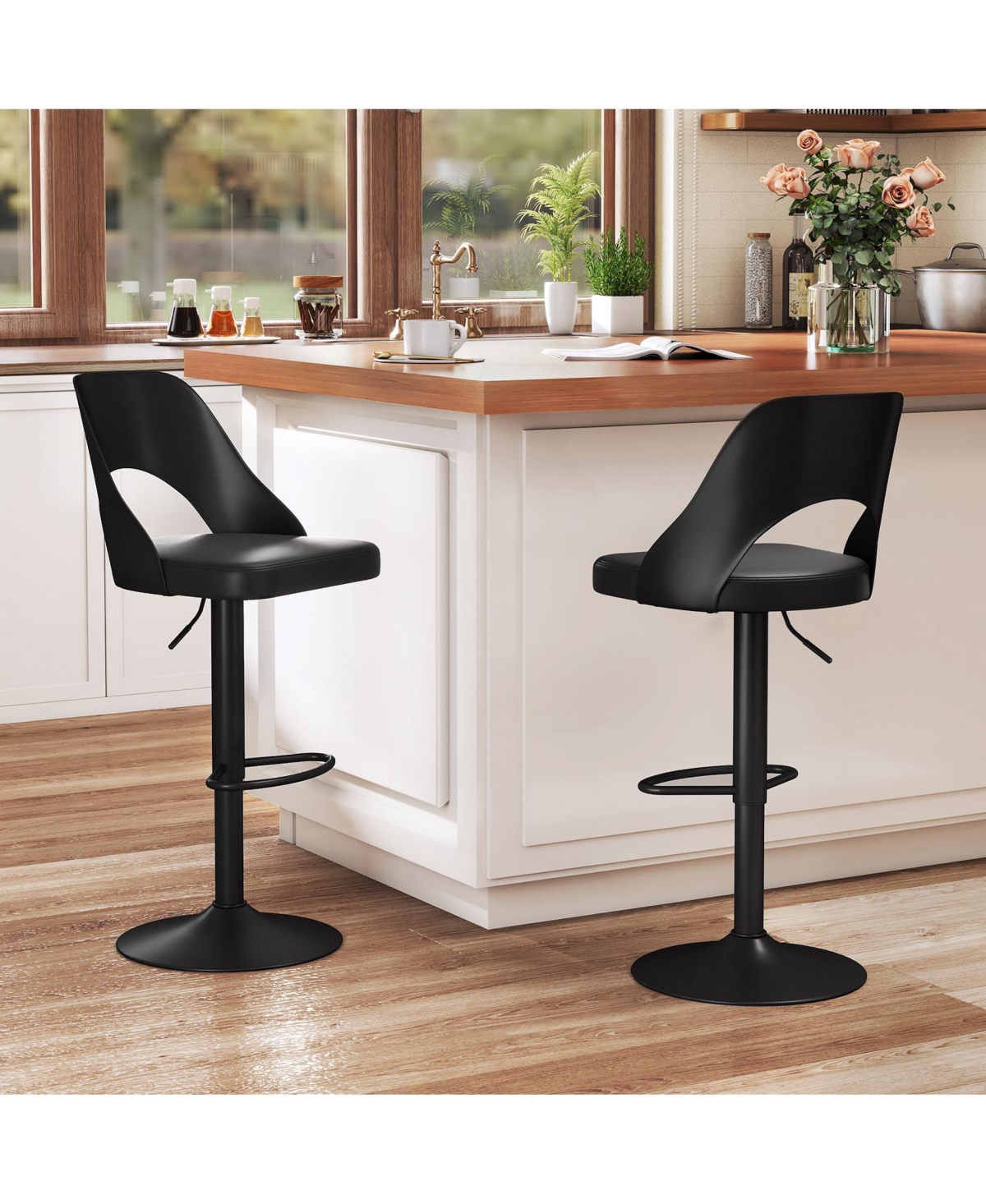 Gymax Set of 2 Pu Leather Metal Base Enlarged Seat, Backrest, Footrest, Adjustable Height, 360° Swivel Bar Stools