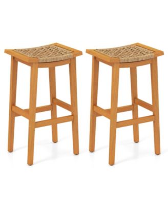 Outdoor Acacia Wood Bar Stools Set of 4 w/ PE Rattan Seats & Backrests