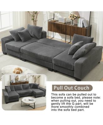 114" U-Shaped Corduroy Upholstery Pull-Out Sleeper Bed, Oversized Convertible Sectional, Chaise Lounges, Pillows & Cushions Sofa Bed