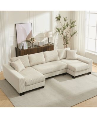 114" U-Shaped Corduroy Upholstery Pull-Out Sleeper Bed, Oversized Convertible Sectional, Chaise Lounges, Pillows & Cushions Sofa Bed