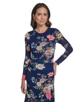 Women's Printed Mesh Long-Sleeve Asymmetrical Hem Bodycon Dress