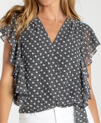 Women's Short Ruffle-Sleeve Drape Front Woven Blouse