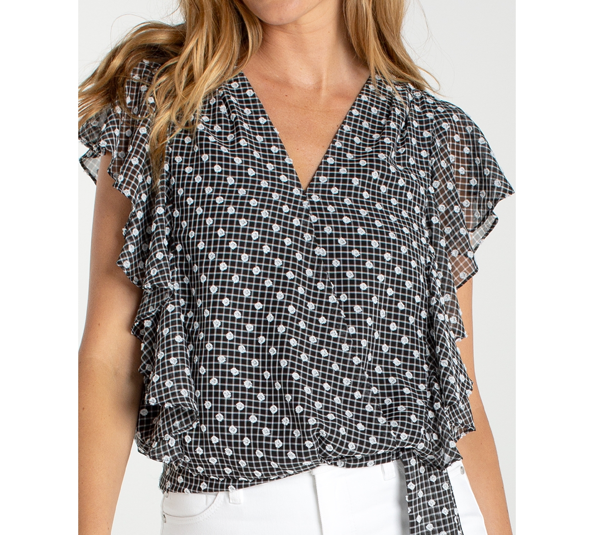 Liverpool Los Angeles Women's Short Ruffle-Sleeve Drape Front Woven Blouse
