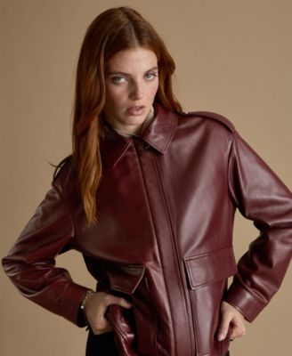Women's Leather Jacket with Detachable Shearling Collar
