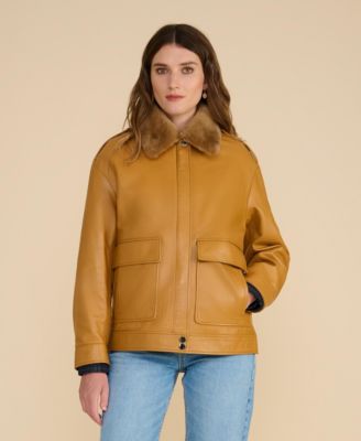 Women's Leather Jacket with Detachable Shearling Collar