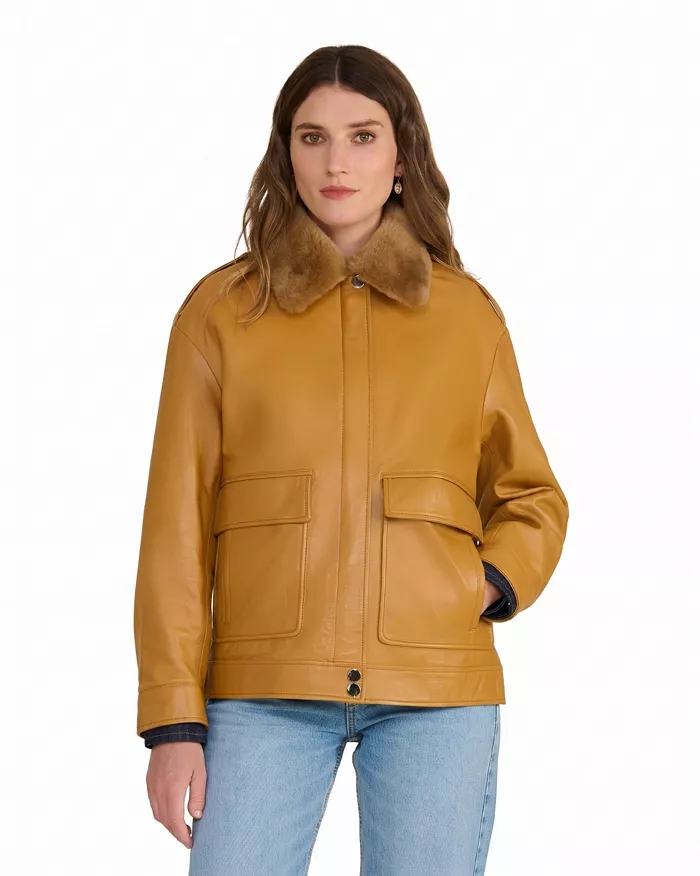 Women's Leather Jacket with Detachable Shearling Collar