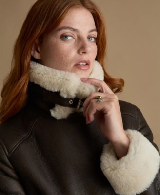 Women's Cropped Aviator Style Shearling Jacket with Contrast Trim