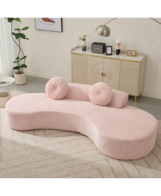 Curved Sofa with Pillows, Pink Corduroy
