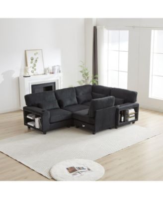L-Shaped Corduroy Sectional Sofa with Storage & Cup Holder