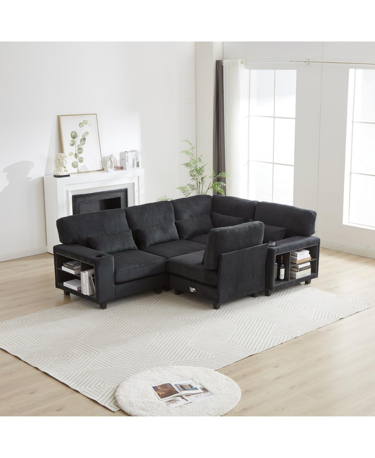 Streamdale Furniture L-Shaped Corduroy Sectional Sofa with Storage & Cup Holder