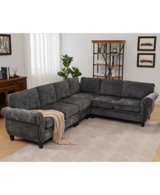 Dark Gray Chenille Sectional Sofa, Rivets, Rolled Arm, 6 Seater