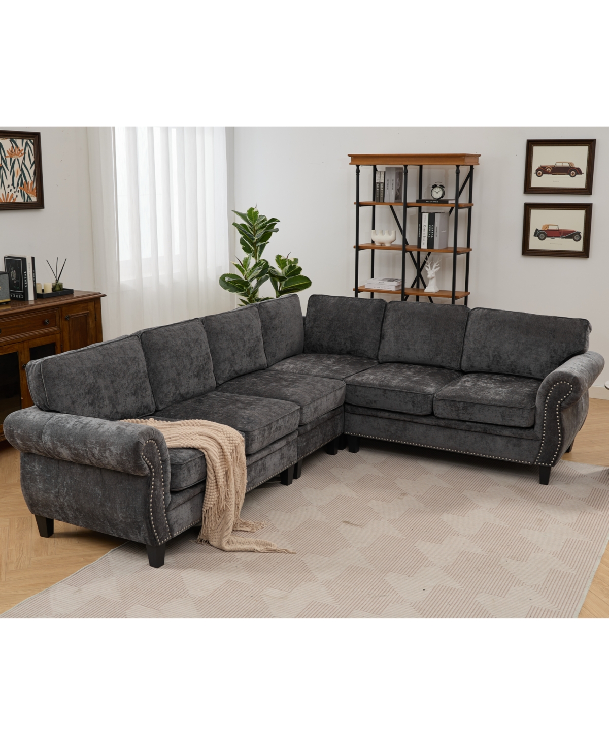 Streamdale Furniture Dark Gray Chenille Sectional Sofa, Rivets, Rolled Arm, 6 Seater