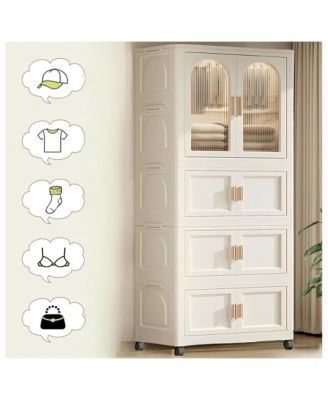 25.59" Wide Folding Wardrobe with Magnetic Doors and Wheels