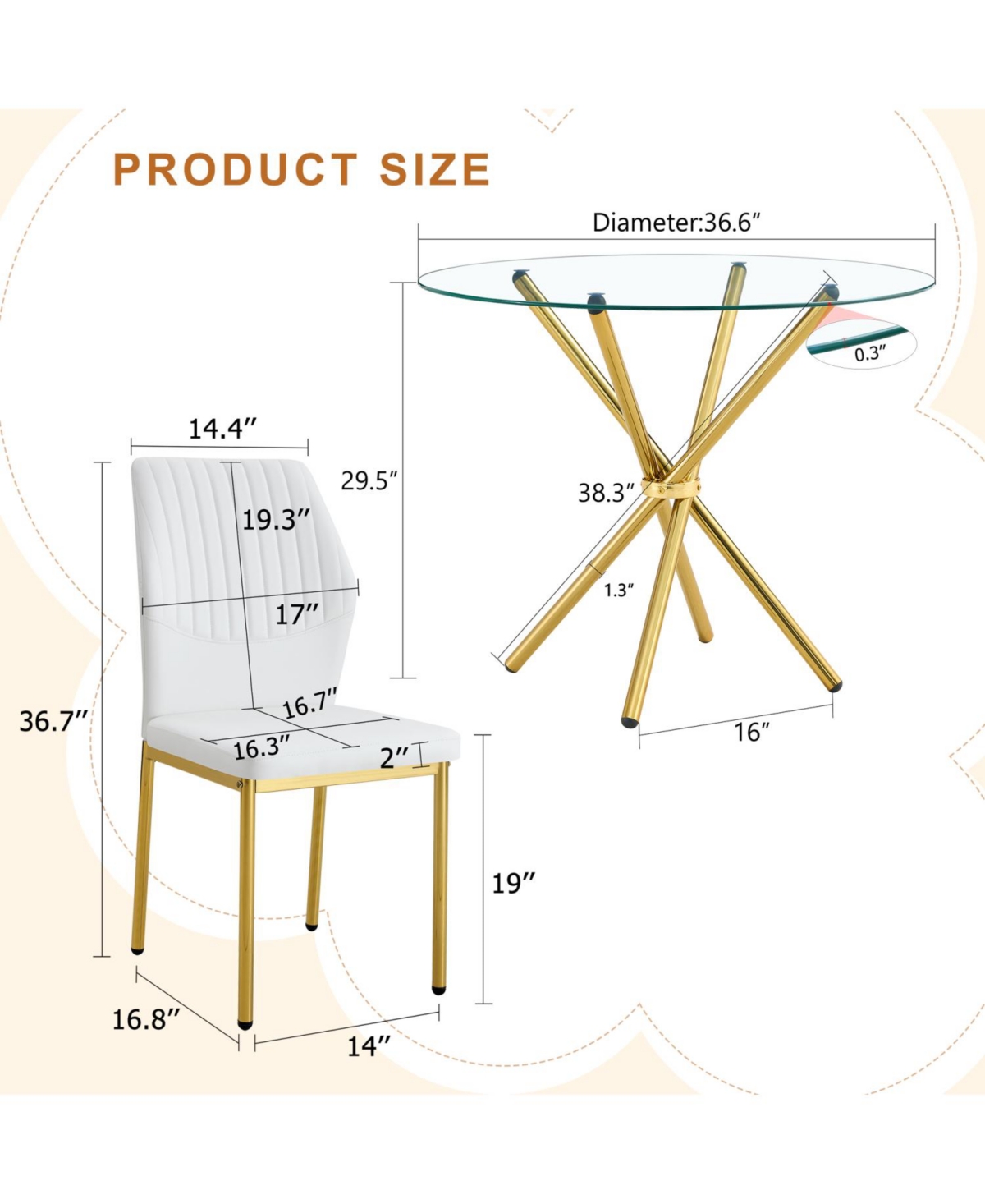 Streamdale Furniture 4-Piece Round Glass Dining Set with White-Gold Chairs