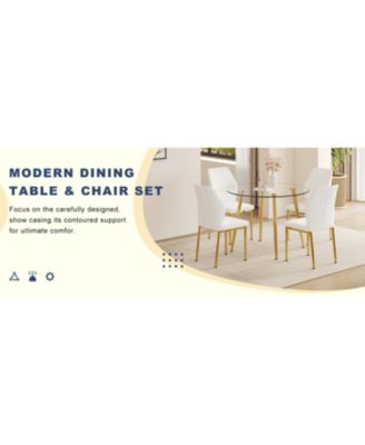 Luxury Glass Dining Set - Gold Legs 4 White PU Chairs