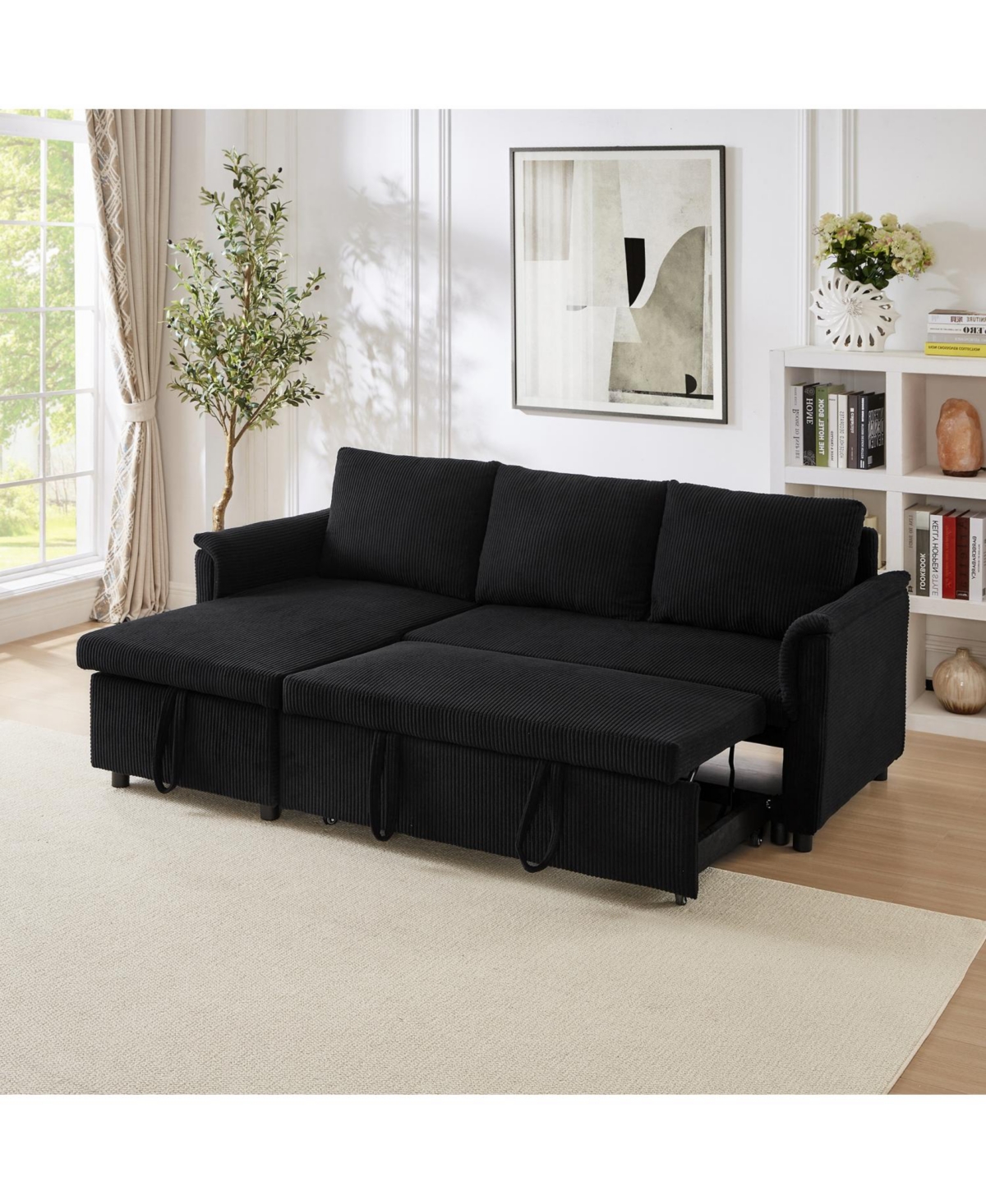 Streamdale Furniture Corduroy Sleeper Sectional Sofa with Storage Chaise