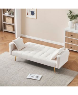 Beige Teddy Fleece Sofa Bed with 2 Throw Pillows