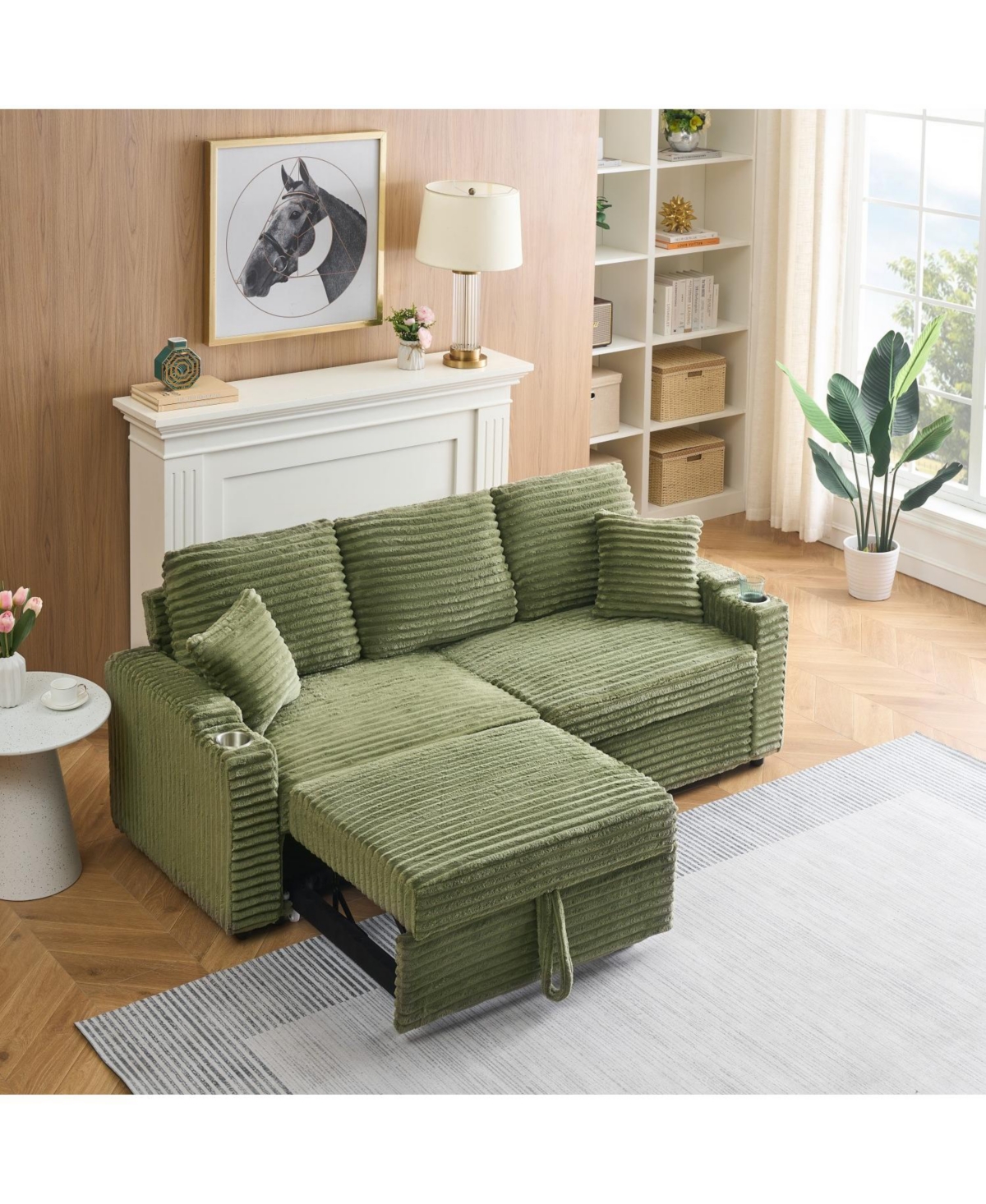 Streamdale Furniture 80" Folding Corduroy Sofa Bed w/ Cup Holder & Pillow - Green
