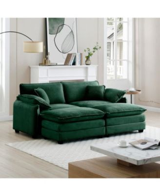 Green Corduroy Two-Seater Sofa with Ottoman