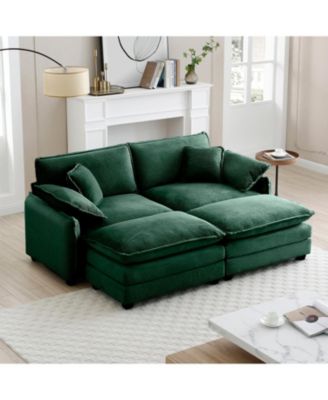 Green Corduroy Two-Seater Sofa with Ottoman