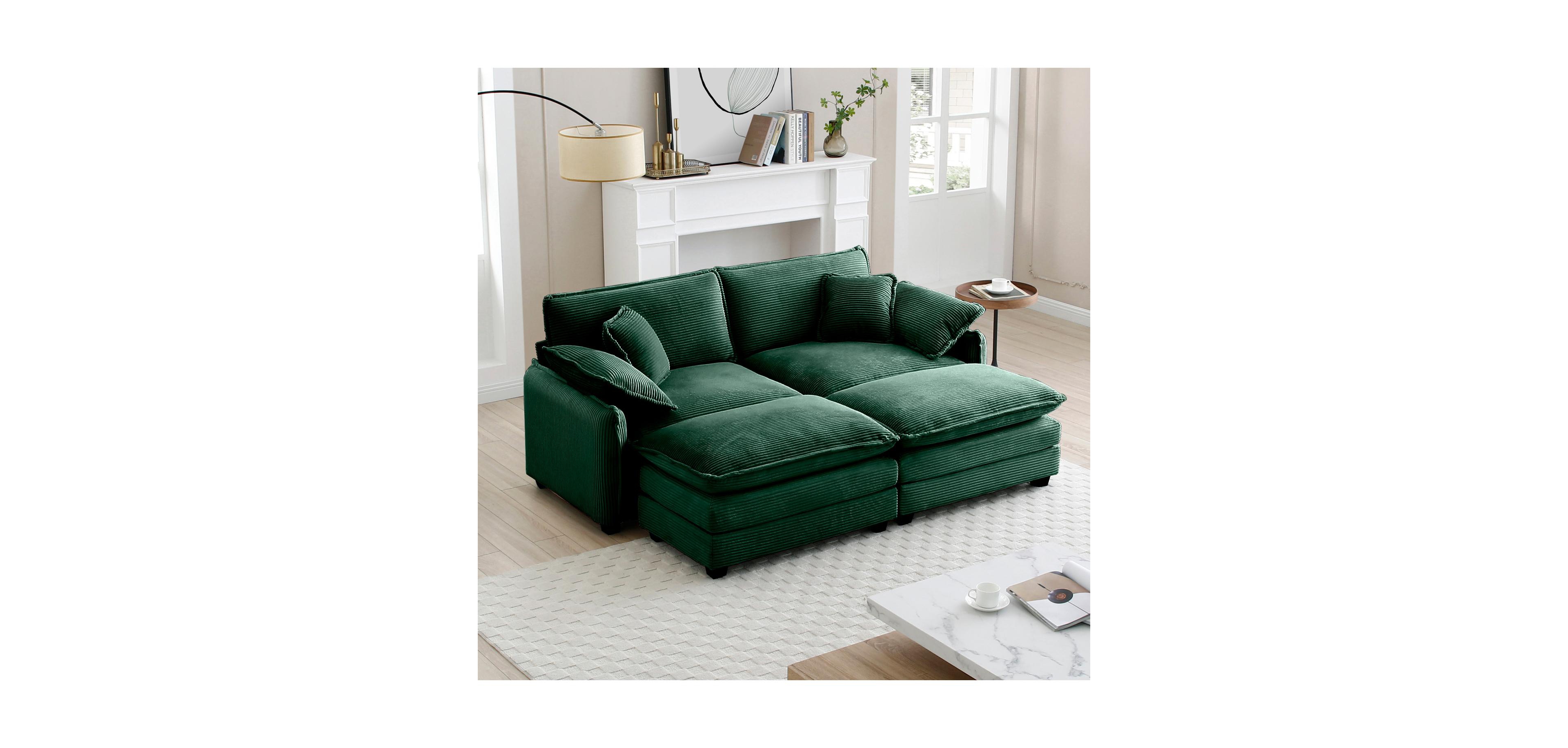 Streamdale Furniture Green Corduroy Two-Seater Sofa with Ottoman