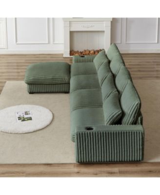 Corduroy L-Shaped Sofa w/ Cup Holder USB Pillows