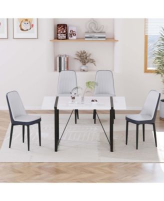 55" Modern Dining Table Set, Black Metal Legs, White Top, PU Chairs