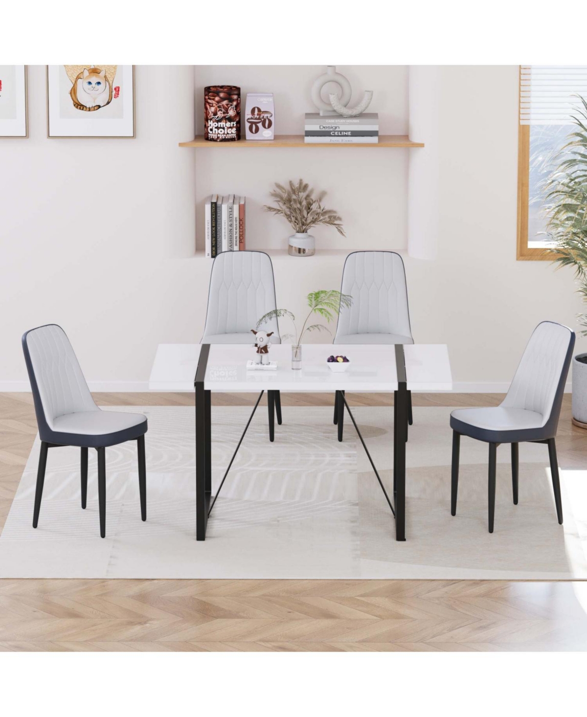 Streamdale Furniture 55" Modern Dining Table Set, Black Metal Legs, White Top, Pu Chairs