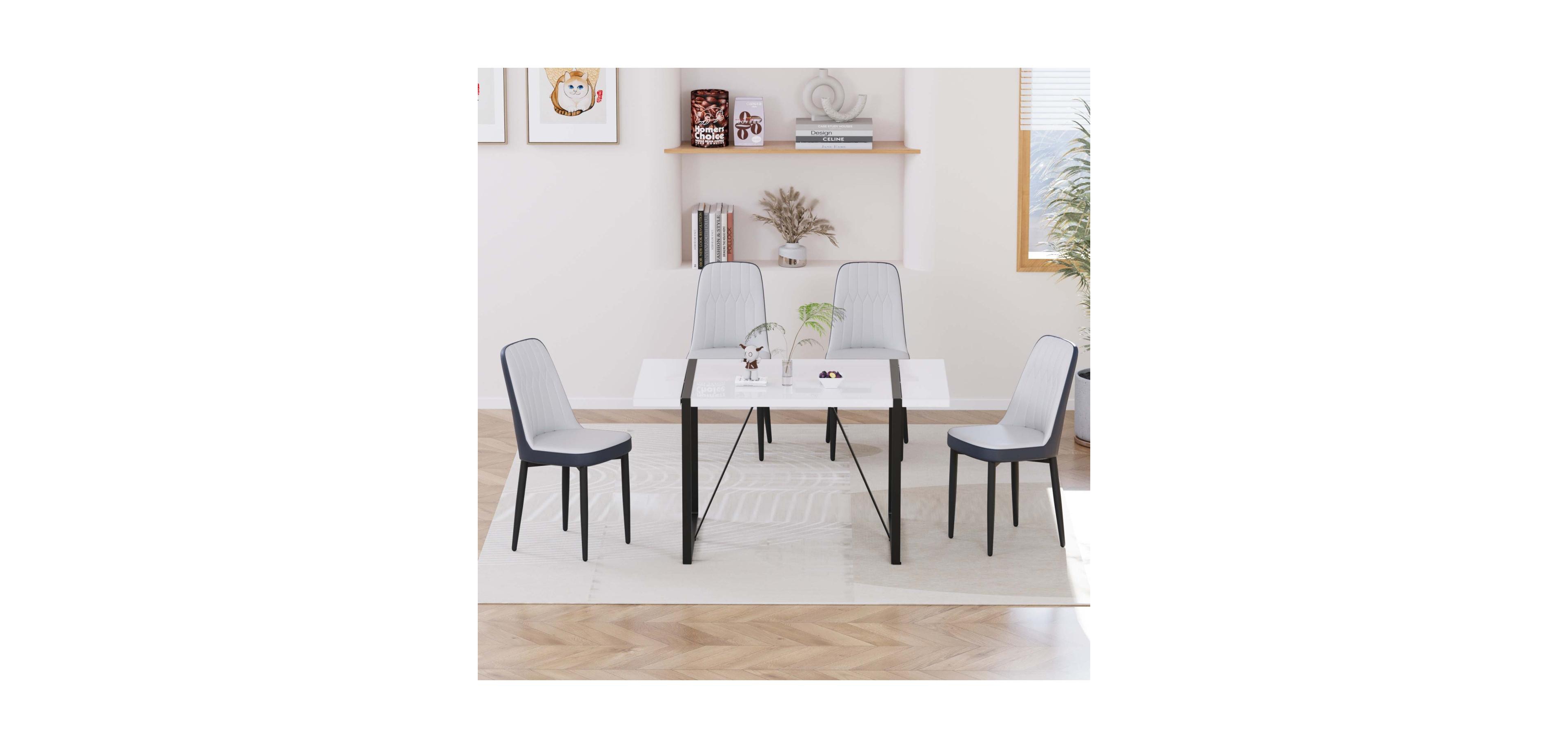 Streamdale Furniture 55" Modern Dining Table Set, Black Metal Legs, White Top, Pu Chairs