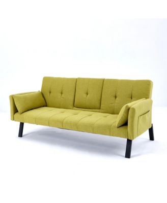 70" Cotton Linen Sofa Bed- Foldable, Cup Holder, Side Storage