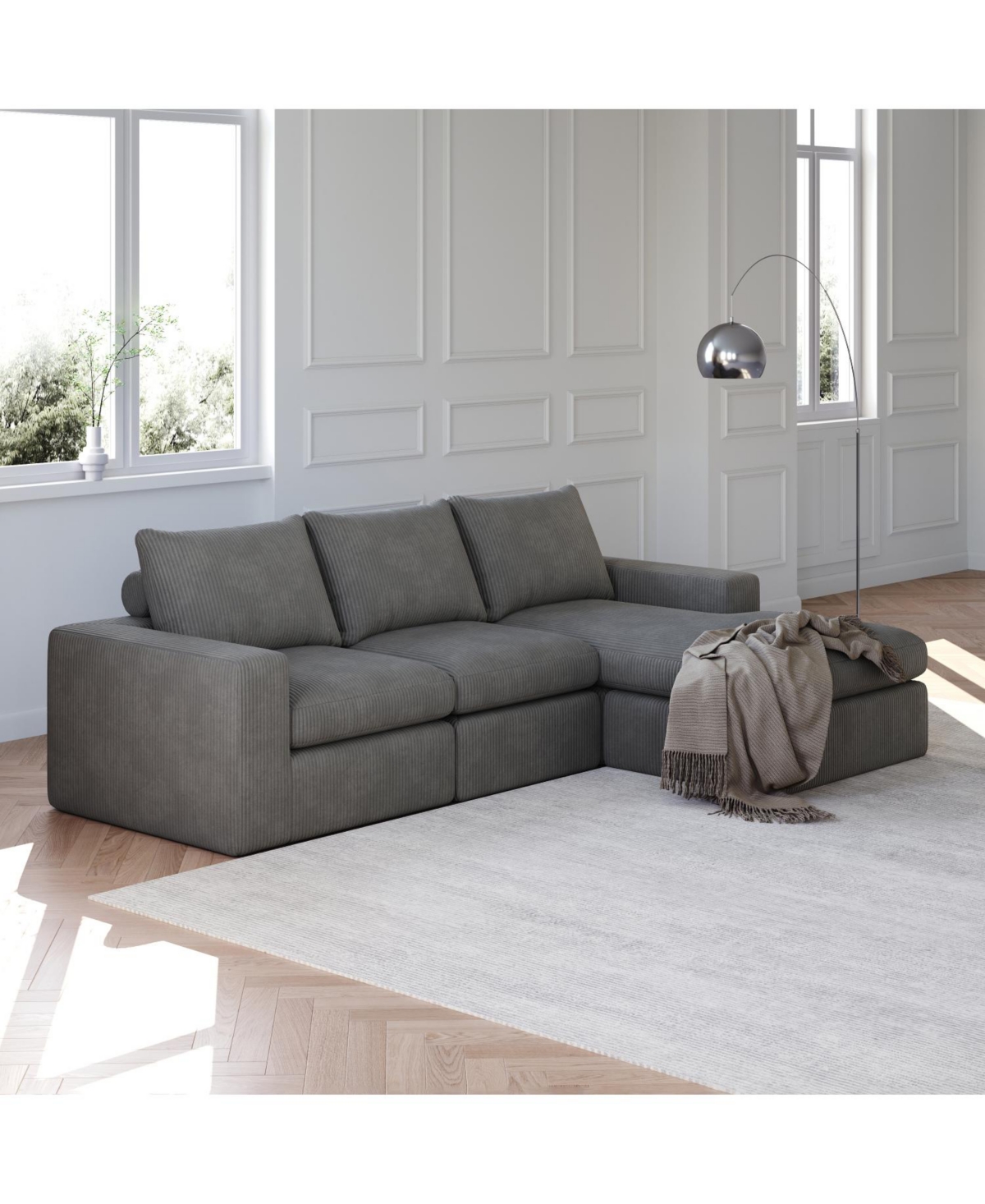 Streamdale Furniture 99" Corduroy Sectional Sofa with Chaise & 3 Pillows